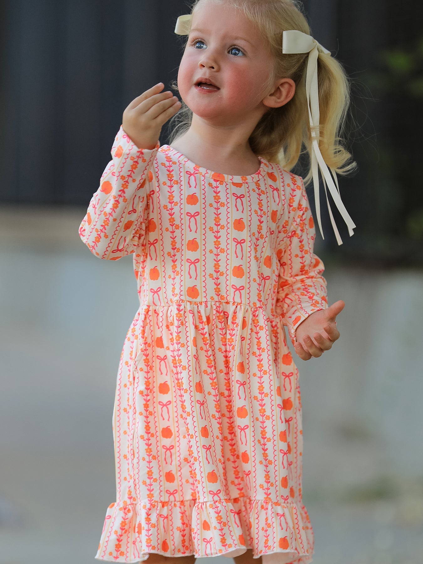 PREORDER Halloween Thanksgiving Pumpkin Bow Pocket Girls Dress