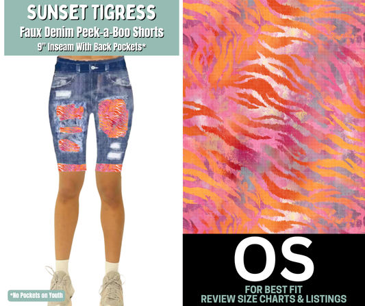 Sunset Tigress Faux Denim Peekaboo Jamaica Shorts
