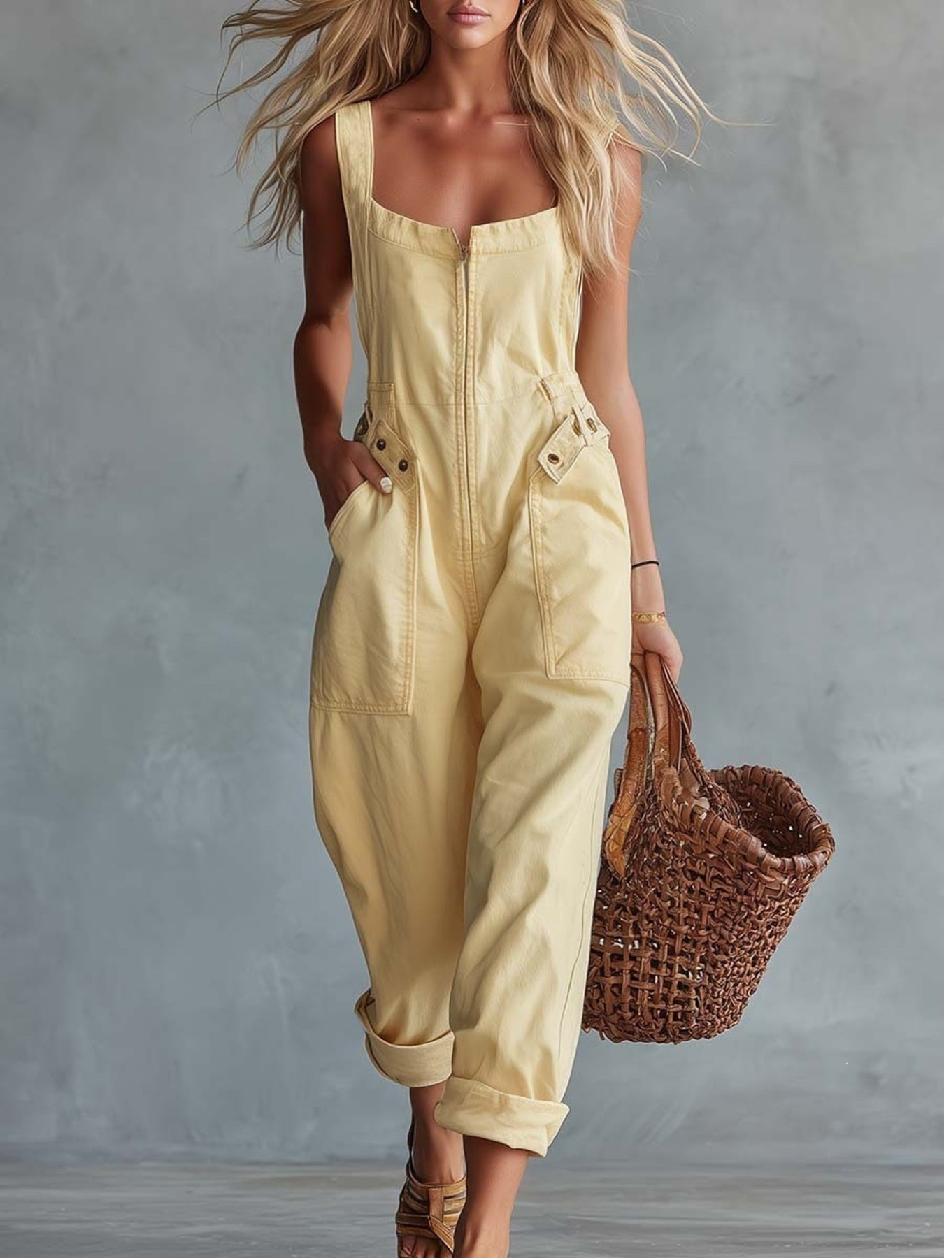 Casual Sleeveless Zip Front Jumpsuit with Pockets