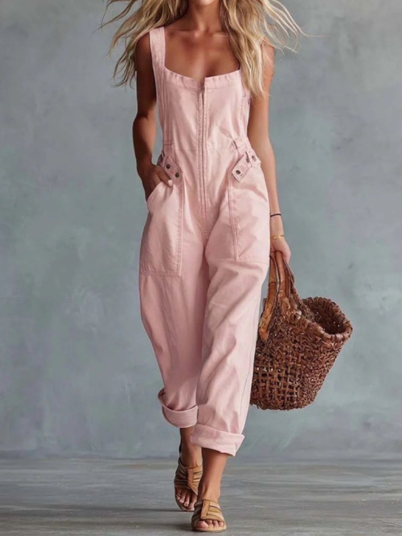 Casual Sleeveless Zip Front Jumpsuit with Pockets