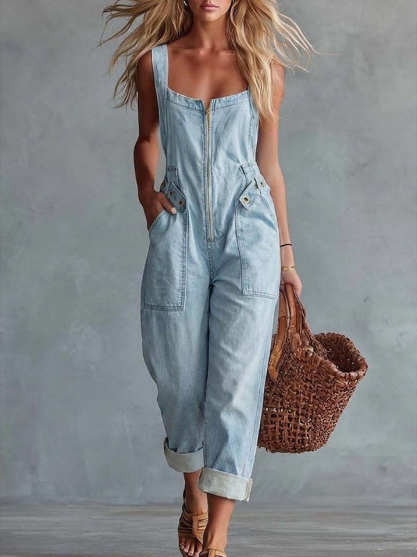 Casual Sleeveless Zip Front Jumpsuit with Pockets
