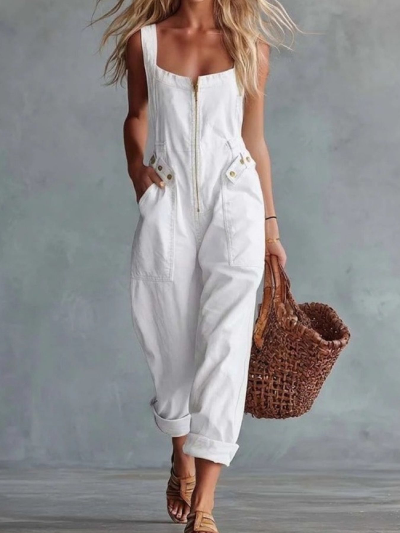Casual Sleeveless Zip Front Jumpsuit with Pockets