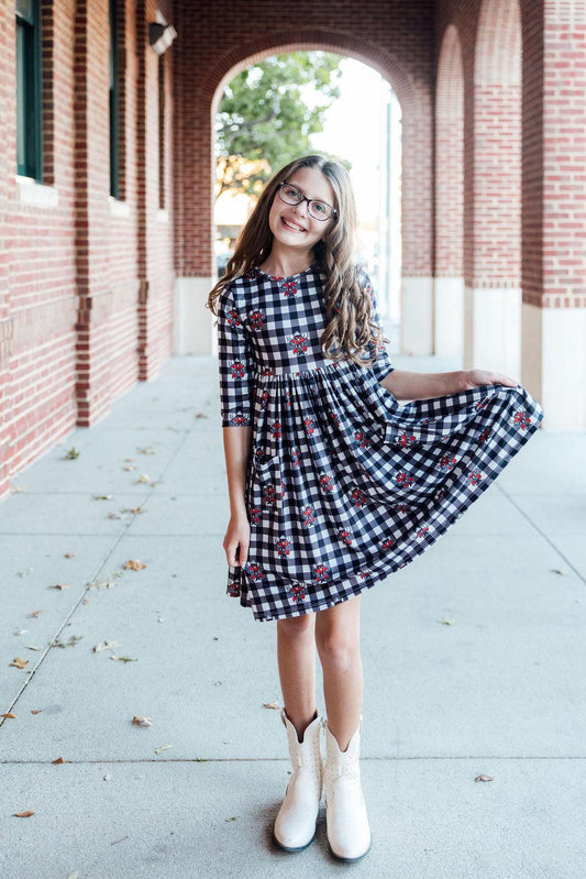 Texas Tech Plaid Raider Red 3/4 Sleeve Pocket Twirl Dress