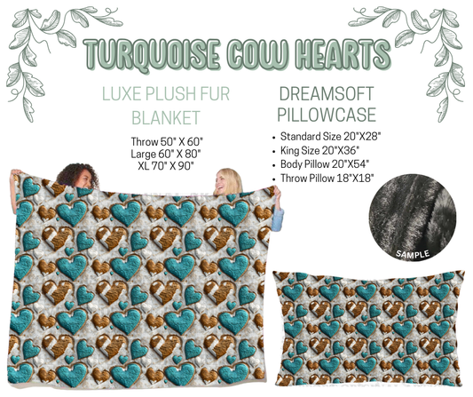Preorder! Closes 10/9. ETA Dec. Turquoise Cow Hearts Luxe Plush Fur Blanket and/or DreamSoft Pillowcase
