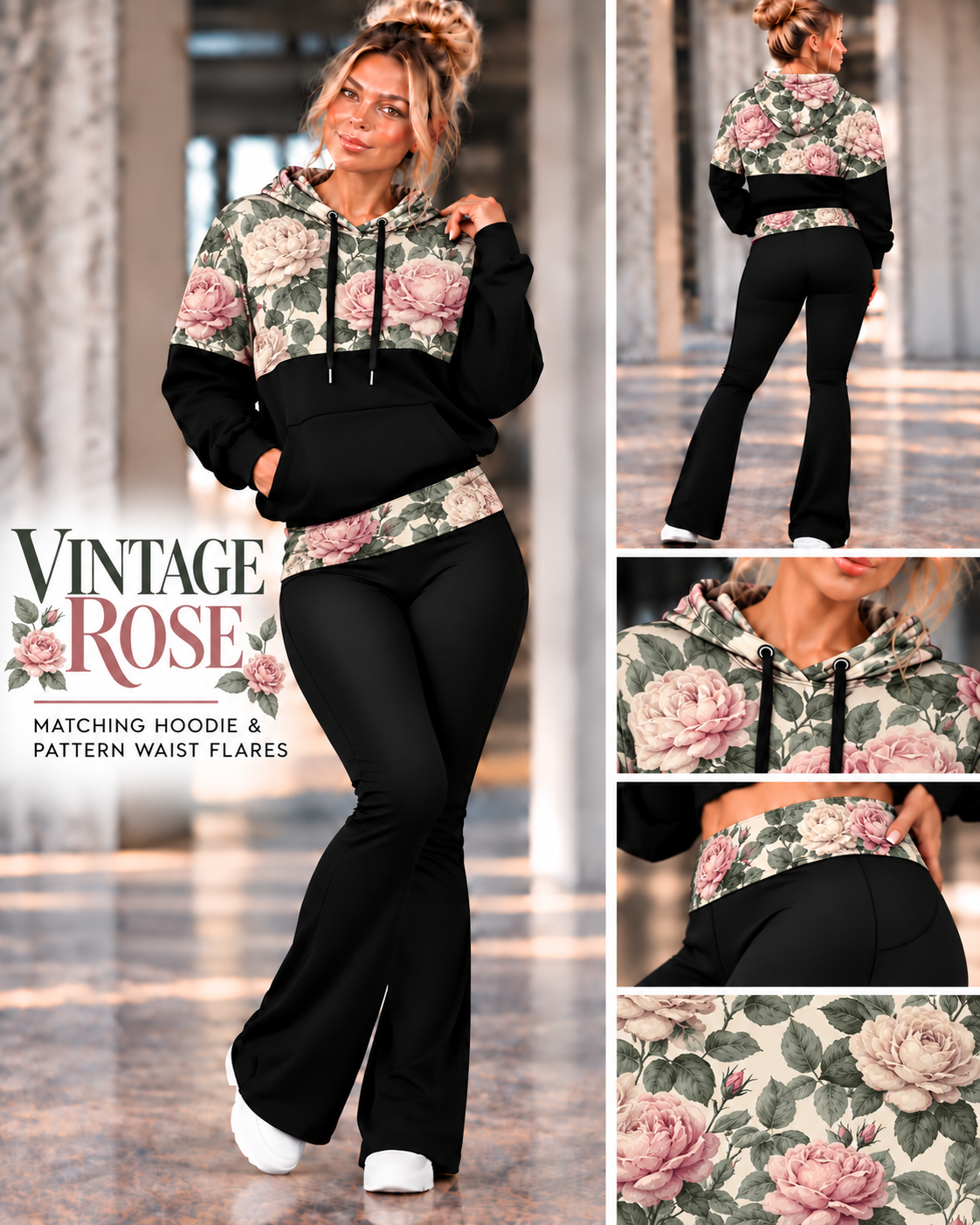 VINTAGE ROSE-PATTERN BLOCK HOODIE-PREORDER CLOSING 10/9, ETA LATE DEC.