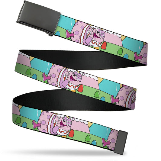 Web Belt Blank Black Buckle - Candy Land Jolly Laughing Pose and Gum Drops Multi Color Webbing