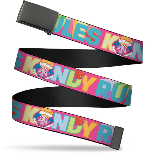 Web Belt Blank Black Buckle - Candy Land KANDY RULES King Kandy Face Red/Multi Color Webbing
