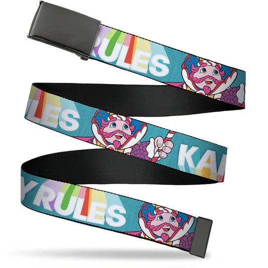 Web Belt Blank Black Buckle - Candy Land KANDY RULES King Kandy Pose Teal/Multi Color Webbing