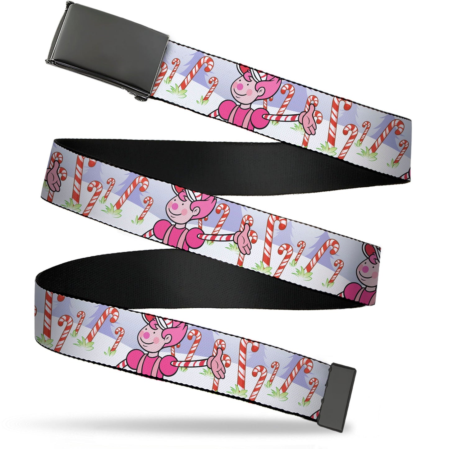 Web Belt Blank Black Buckle - Candy Land Mr. Mint Pose and Candy Canes Multi Color Webbing