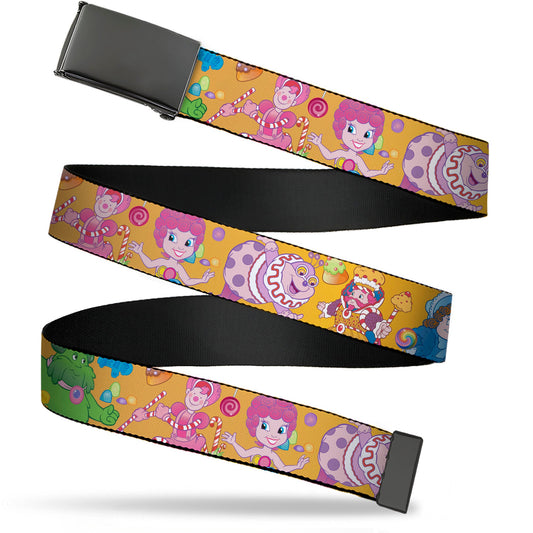 Web Belt Blank Black Buckle - Candy Land Characters and Candy Collage Yellow Webbing