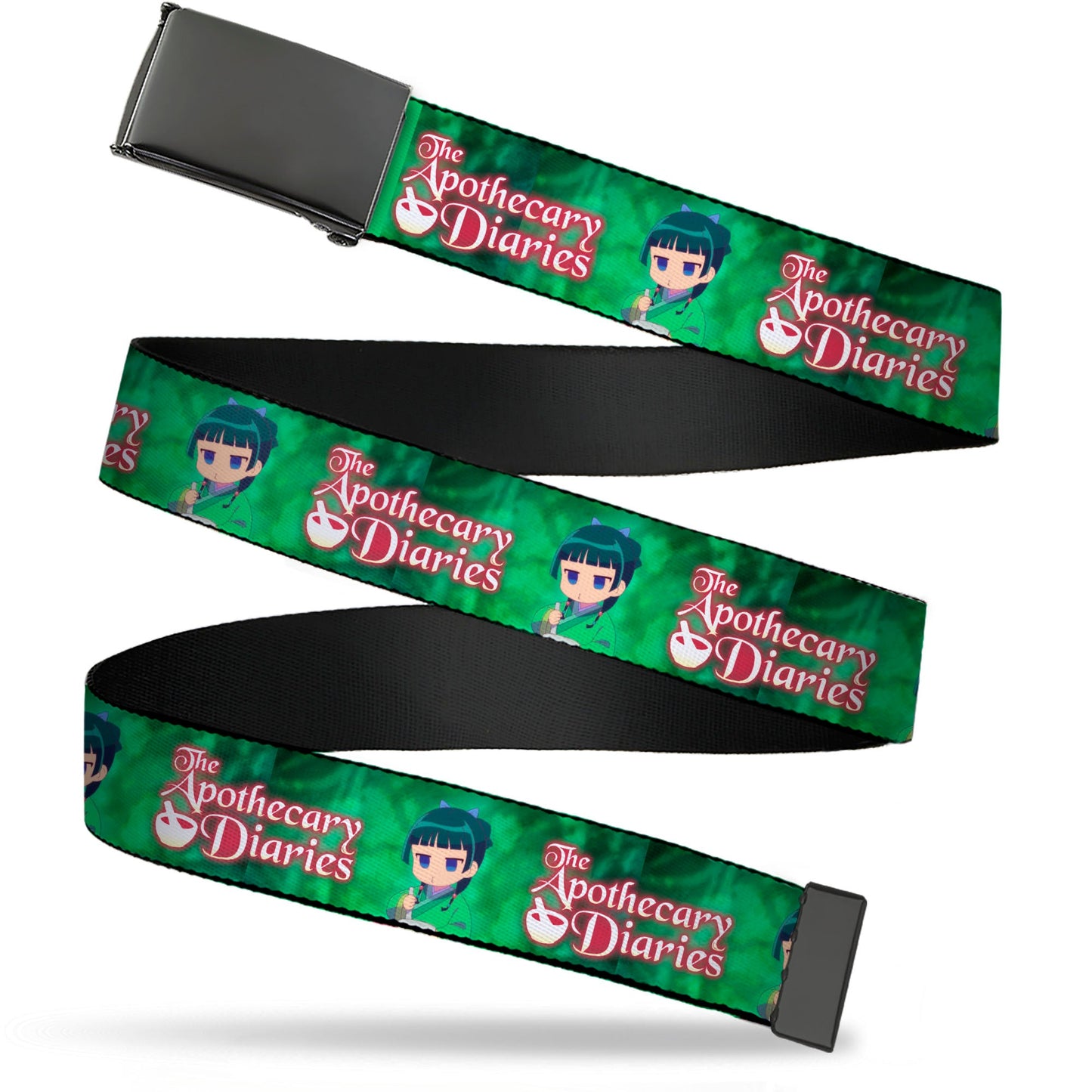 Web Belt Blank Black Buckle - THE APOTHECARY DIARIES Maomao Grinding Pose and Title Logo Greens Webbing