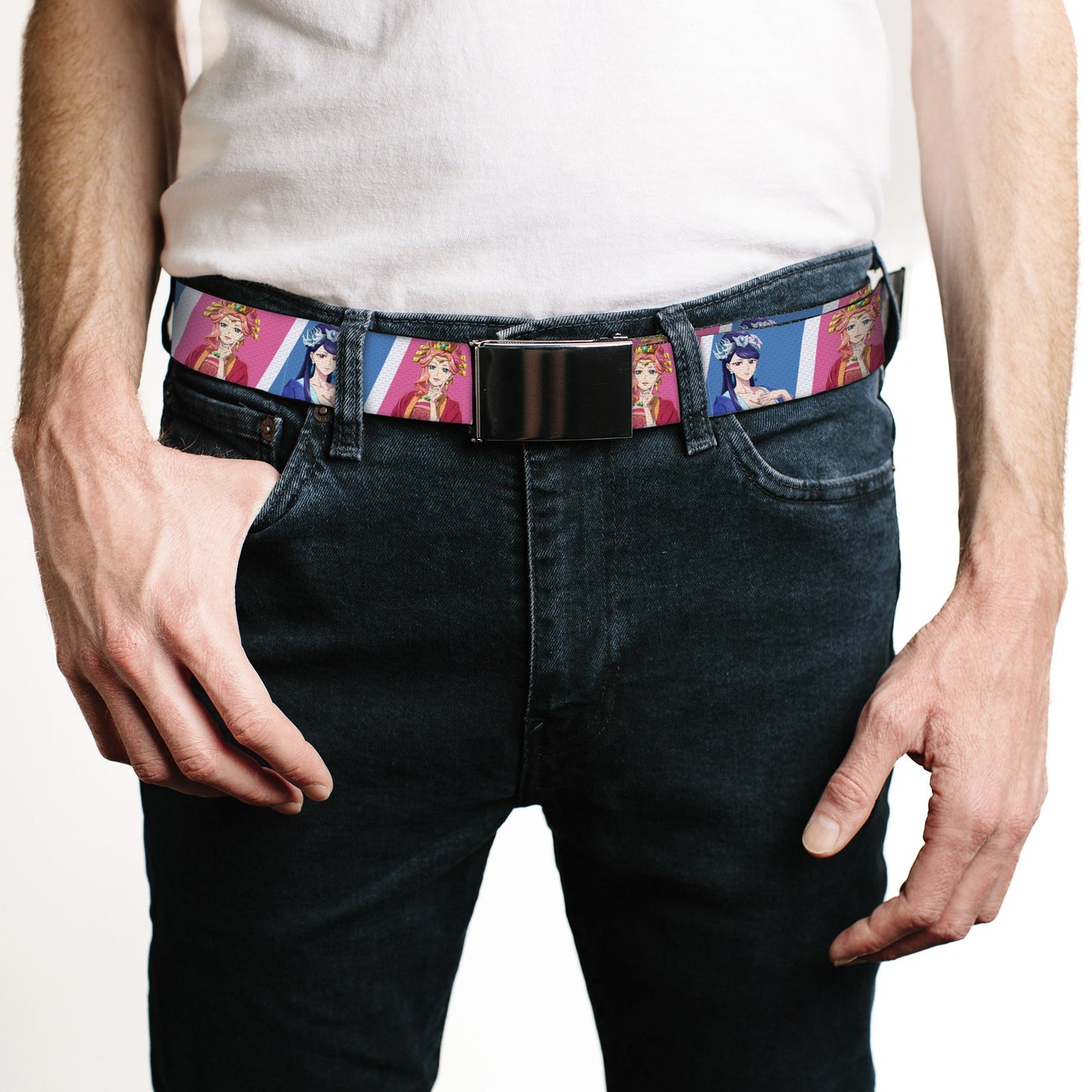 Web Belt Blank Black Buckle - The Apothecary Diaries Gyokuyo and Lihua Pose Blocks White/Pink/Blue Webbing