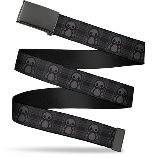 Web Belt Blank Black Buckle - Skelanimals Pen the Penguin Pose Plaid Grays/Black Webbing