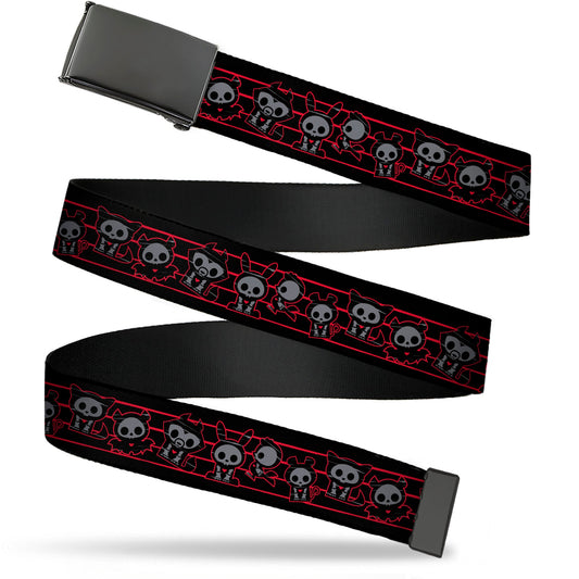 Web Belt Blank Black Buckle - Skelanimals Six Character Collage Black/Red/Grays Webbing
