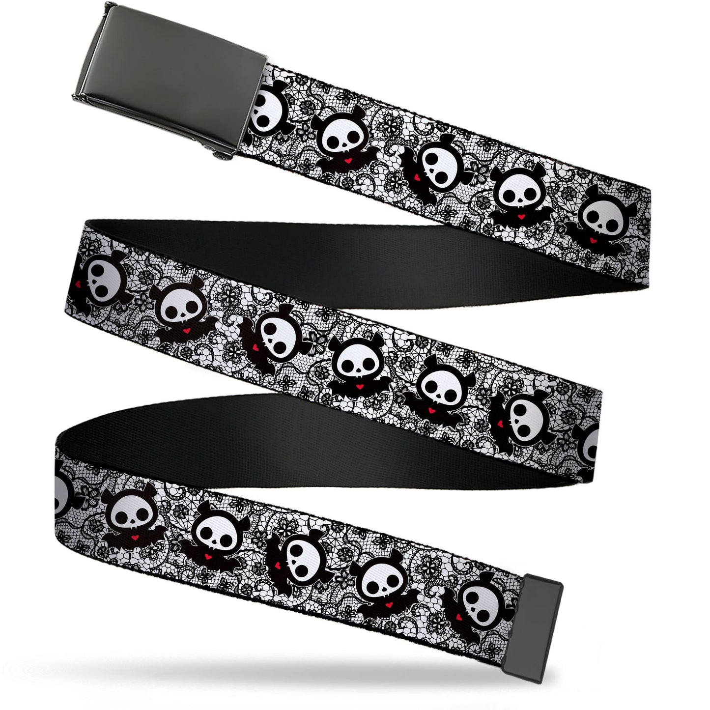 Web Belt Blank Black Buckle - Skelanimals Diego the Bat Pose Lace Print White/Black Webbing