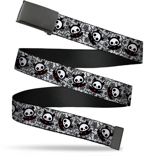 Web Belt Blank Black Buckle - Skelanimals Diego the Bat Pose Lace Print White/Black Webbing