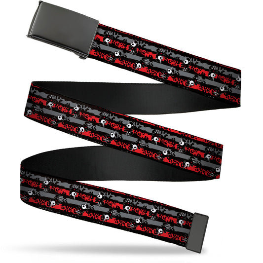 Web Belt Blank Black Buckle - Skelanimals Bonita the Unicorn Poses Stripe Black/Red/Gray Webbing