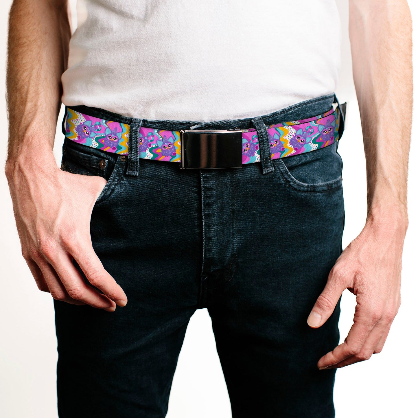 Web Belt Blank Black Buckle - Furby Purple Dancing Pose Collage Multi Color Webbing