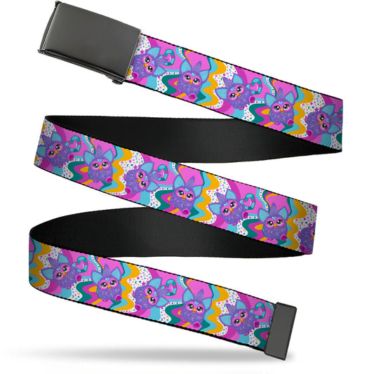 Web Belt Blank Black Buckle - Furby Purple Dancing Pose Collage Multi Color Webbing