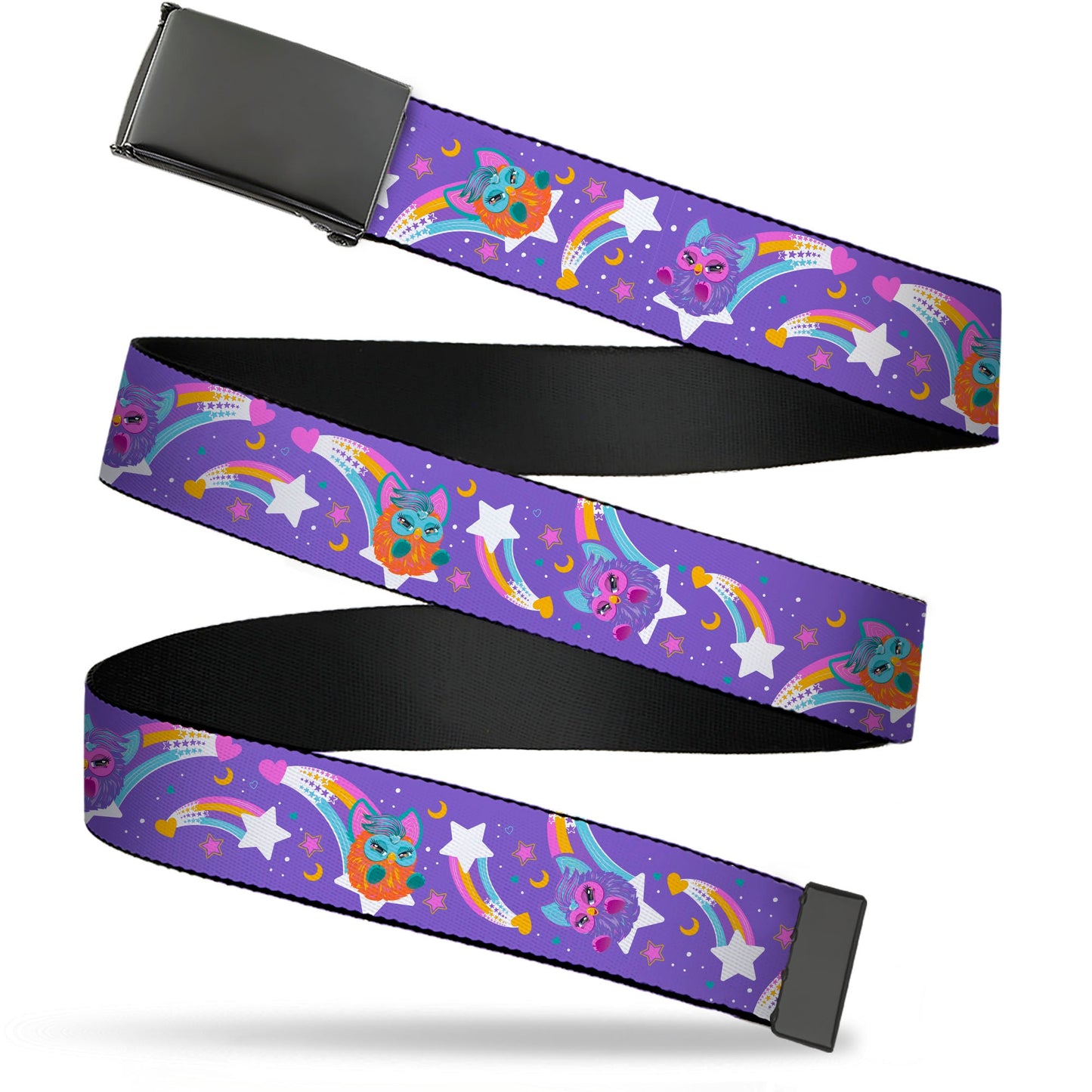 Web Belt Blank Black Buckle - Furby Orange and Purple Jumping Rainbow Slide Black/Multi Color Webbing