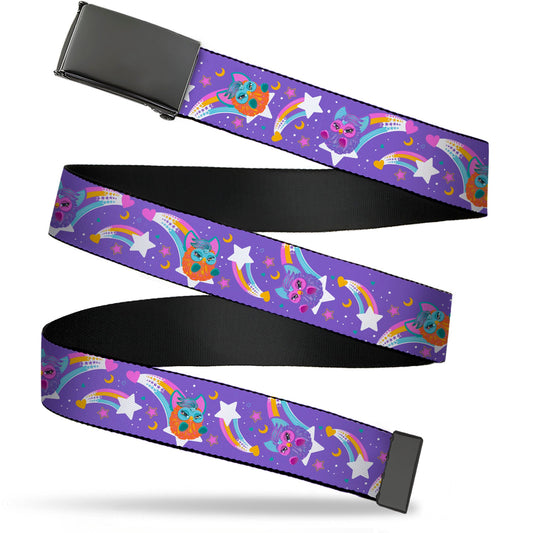 Web Belt Blank Black Buckle - Furby Orange and Purple Jumping Rainbow Slide Black/Multi Color Webbing