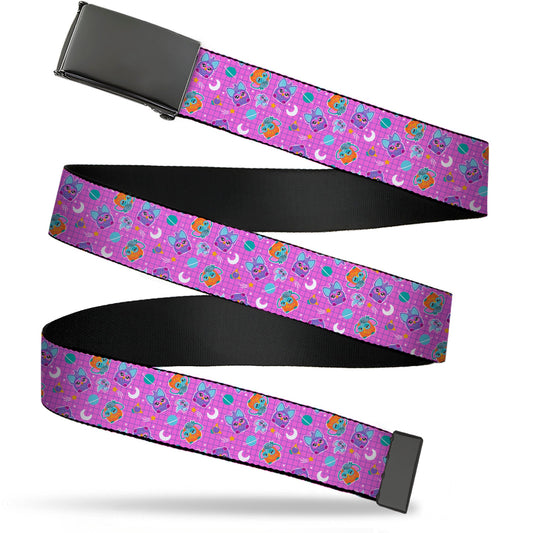 Web Belt Blank Black Buckle - Furby and Furblets Galaxy Grid Collage Pink/Purple Webbing