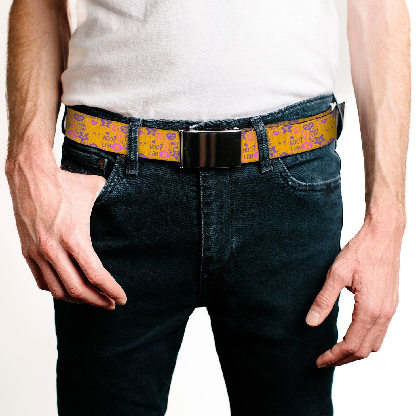 Web Belt Blank Black Buckle - Furby Furbish Phrases and Icons Orange/Pink/Purple Webbing