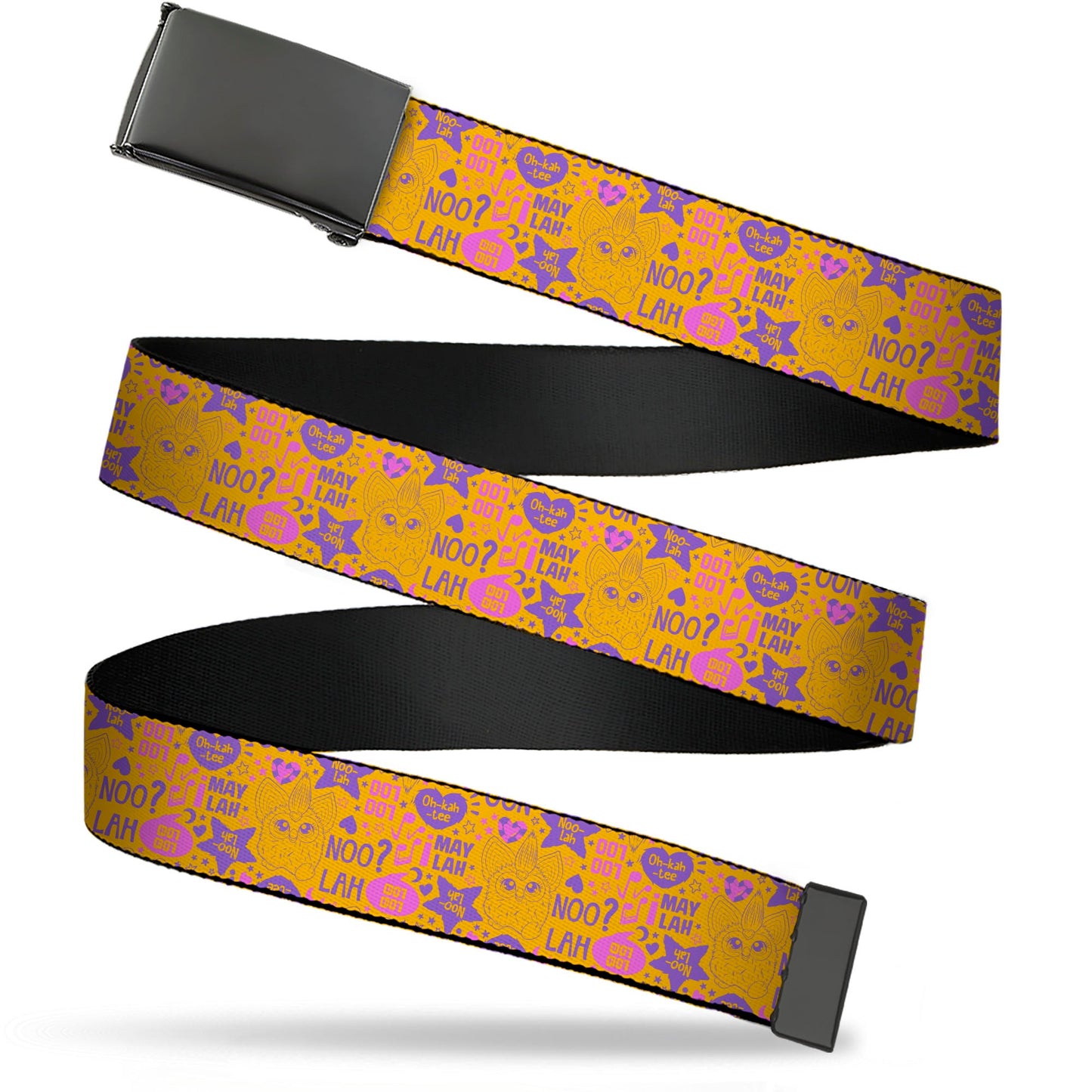 Web Belt Blank Black Buckle - Furby Furbish Phrases and Icons Orange/Pink/Purple Webbing