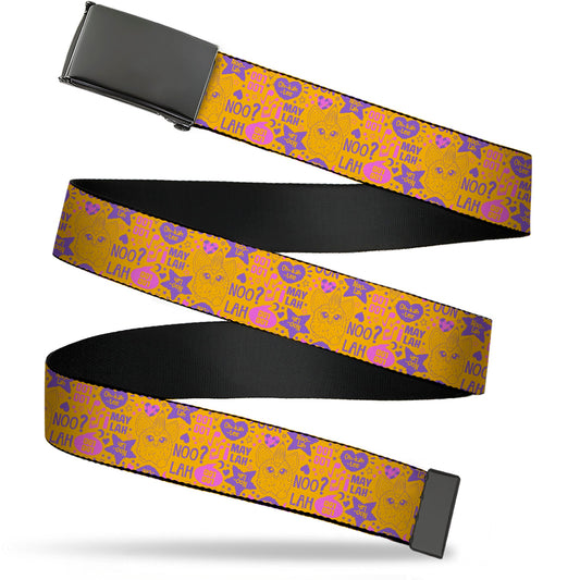 Web Belt Blank Black Buckle - Furby Furbish Phrases and Icons Orange/Pink/Purple Webbing