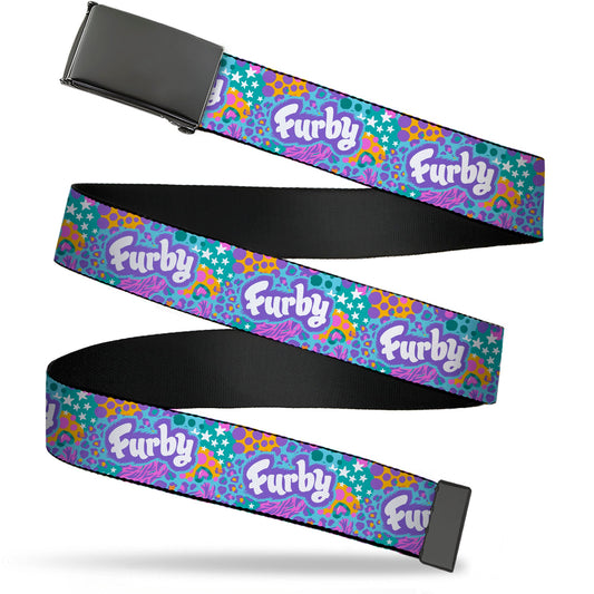 Web Belt Blank Black Buckle - FURBY Title Logo and Fur Prints Collage Multi Color/White Webbing