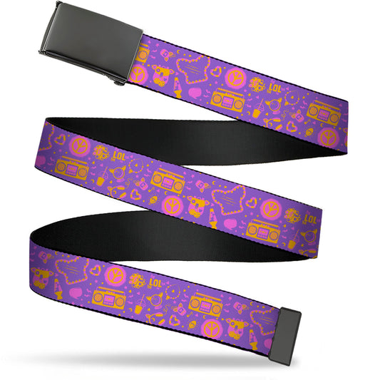 Web Belt Blank Black Buckle - Furby Icons Collage Purples/Orange/Pinks Webbing