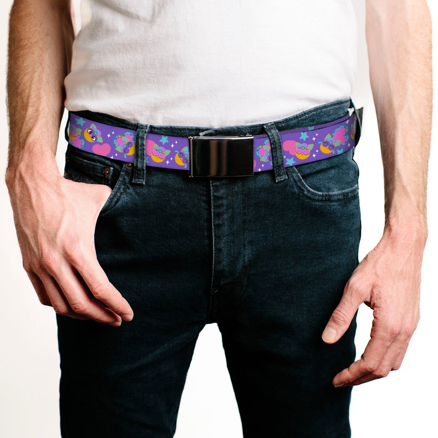 Web Belt Blank Black Buckle - Fuby Furbmojis and Icons Collage Purple/Blues/Pinks Webbing