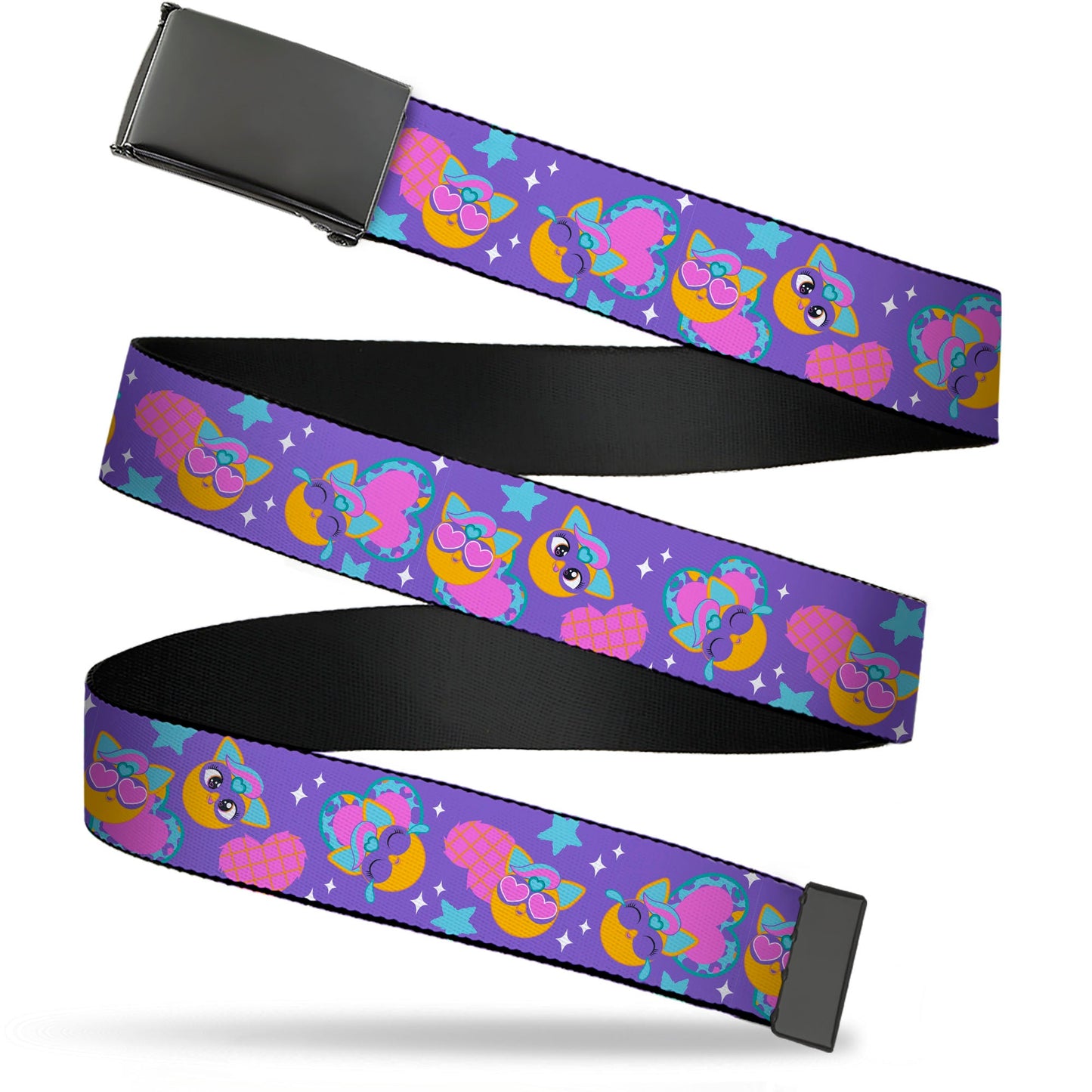 Web Belt Blank Black Buckle - Fuby Furbmojis and Icons Collage Purple/Blues/Pinks Webbing