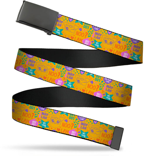 Web Belt Blank Black Buckle - Furby Furbmoji and Furbish Phrases and Icons Orange/Pink/Purple Webbing