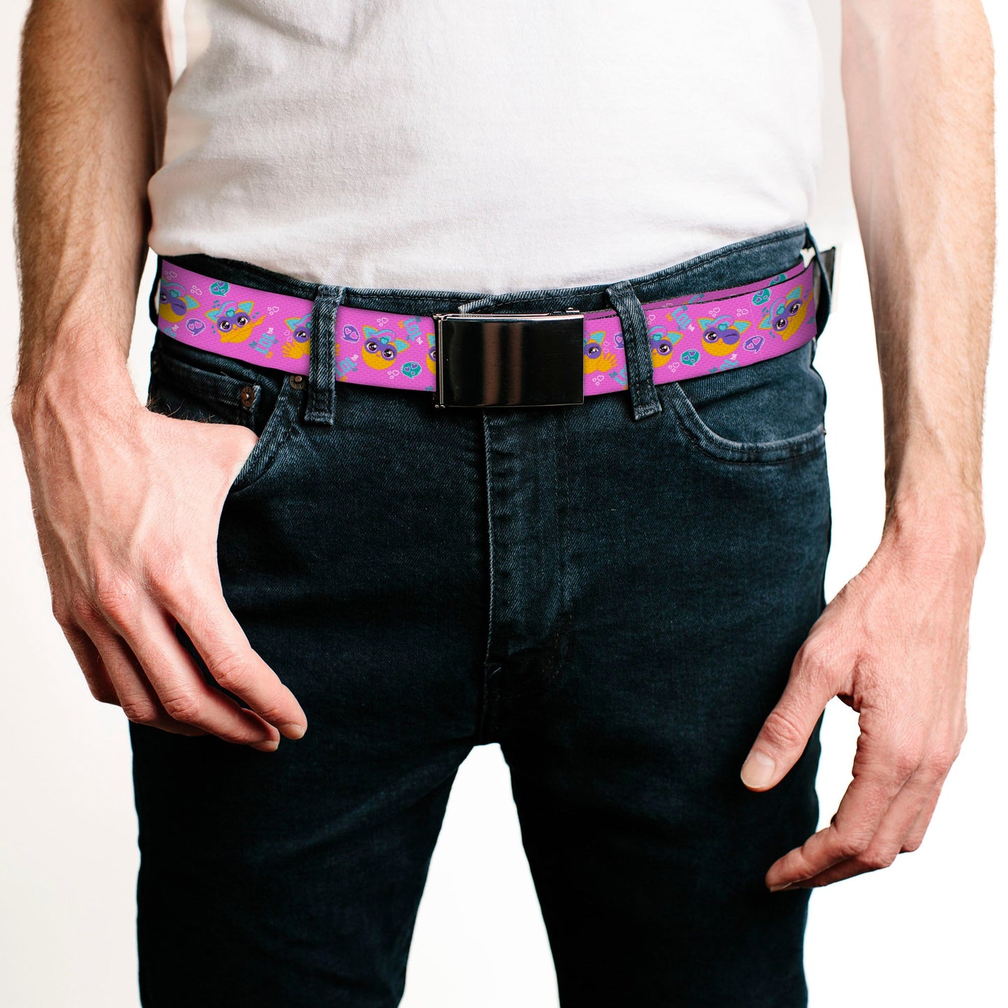 Web Belt Blank Black Buckle - Fuby Furbmojis LOL Icons Collage Pinks/Blues Webbing