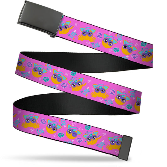 Web Belt Blank Black Buckle - Fuby Furbmojis LOL Icons Collage Pinks/Blues Webbing