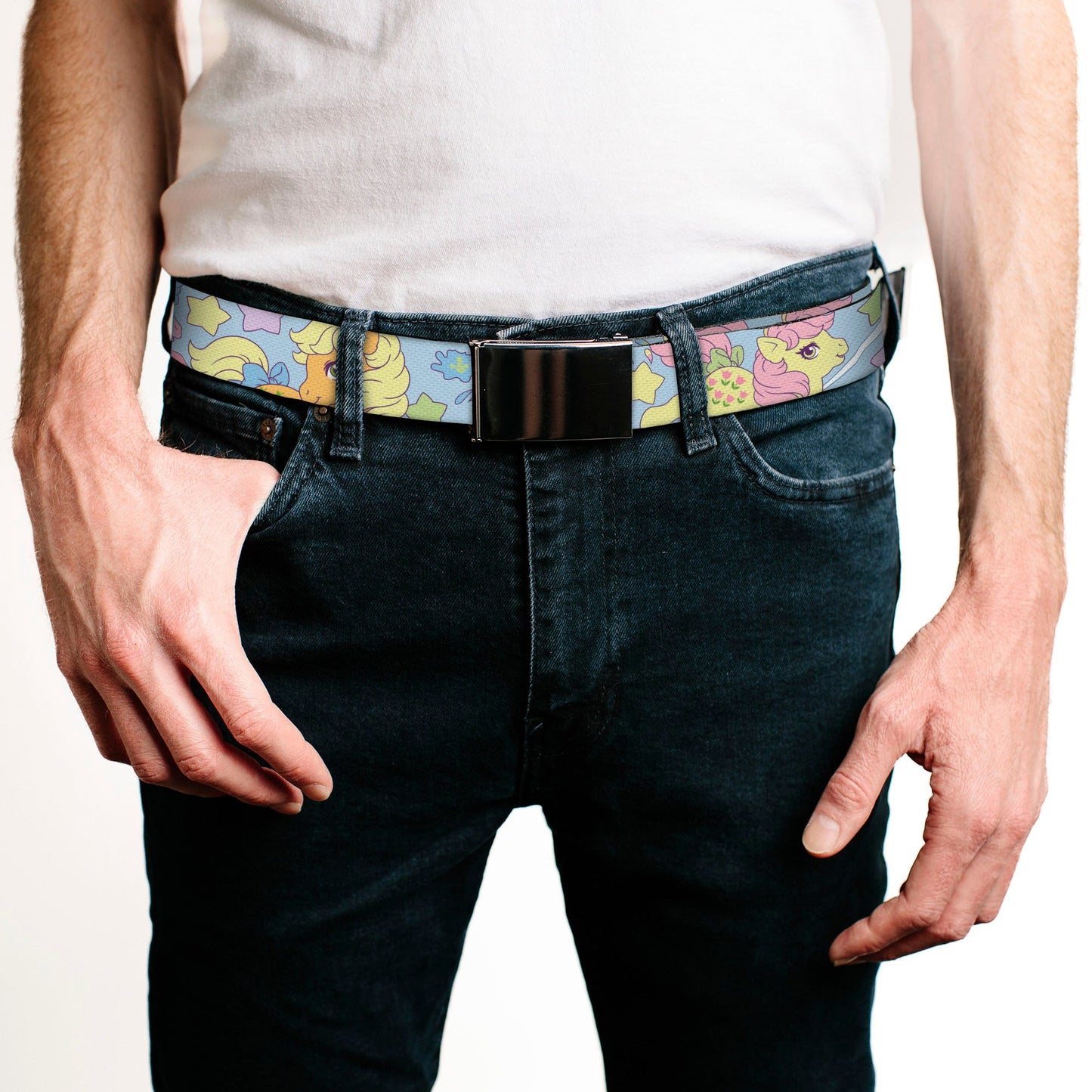 Web Belt Blank Black Buckle - MY LITTLE PONY Firefly Applejack and Posey Group Pose with Title Logo Light Blue Webbing