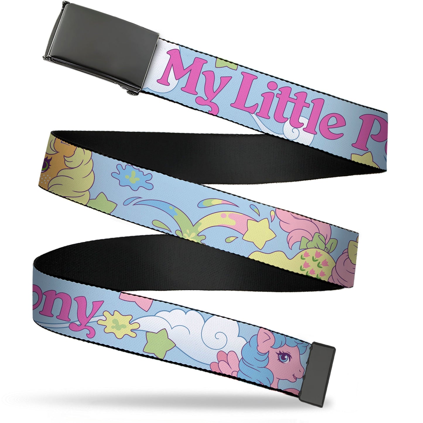 Web Belt Blank Black Buckle - MY LITTLE PONY Firefly Applejack and Posey Group Pose with Title Logo Light Blue Webbing