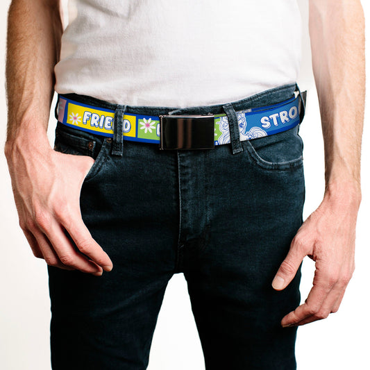 Web Belt Blank Black Buckle - MY LITTLE PONY Three Ponies Trait Text Blocks Blue/Multi Color Webbing