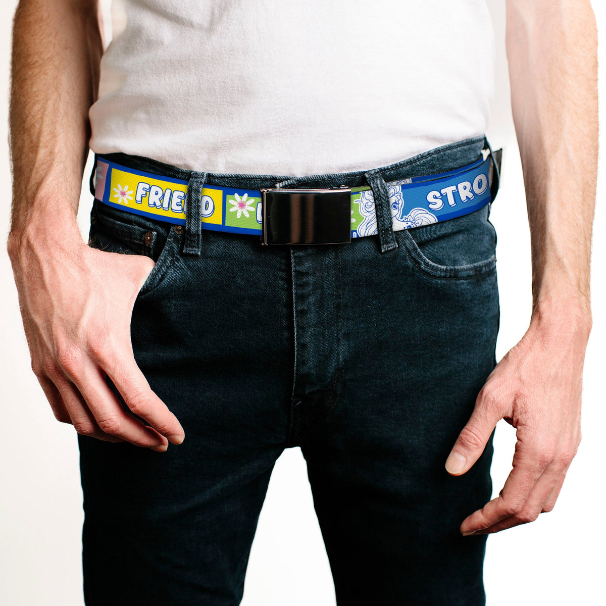 Web Belt Blank Black Buckle - MY LITTLE PONY Three Ponies Trait Text Blocks Blue/Multi Color Webbing