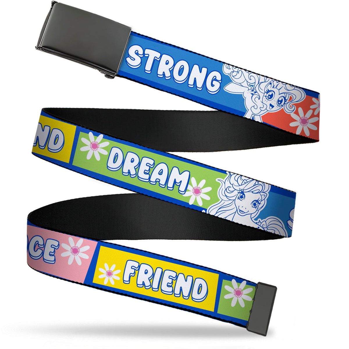 Web Belt Blank Black Buckle - MY LITTLE PONY Three Ponies Trait Text Blocks Blue/Multi Color Webbing