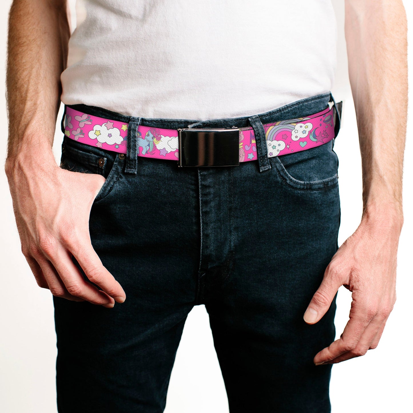 Web Belt Blank Black Buckle - My Little Pony Four Ponies and Cutie Marks Collage Pink/Multi Color Webbing