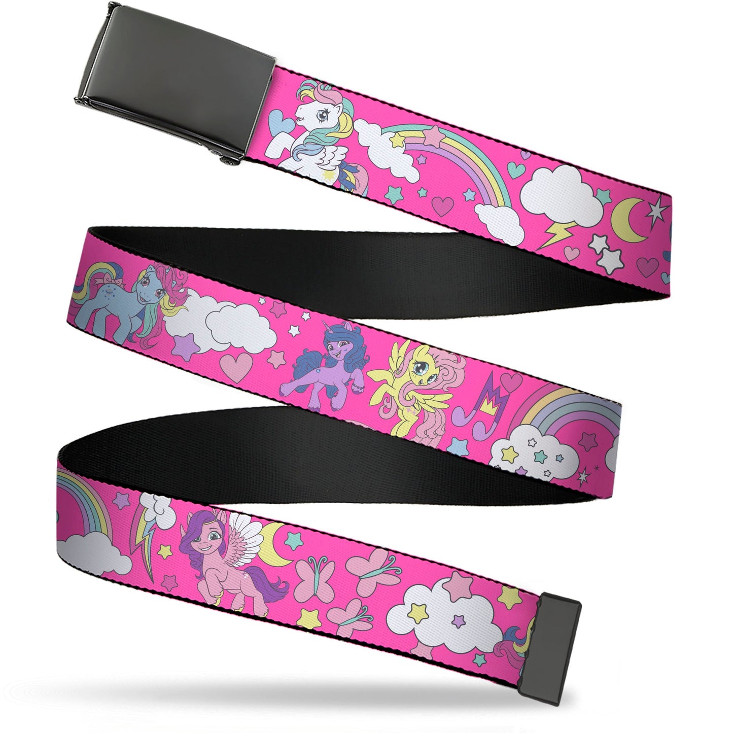 Web Belt Blank Black Buckle - My Little Pony Four Ponies and Cutie Marks Collage Pink/Multi Color Webbing