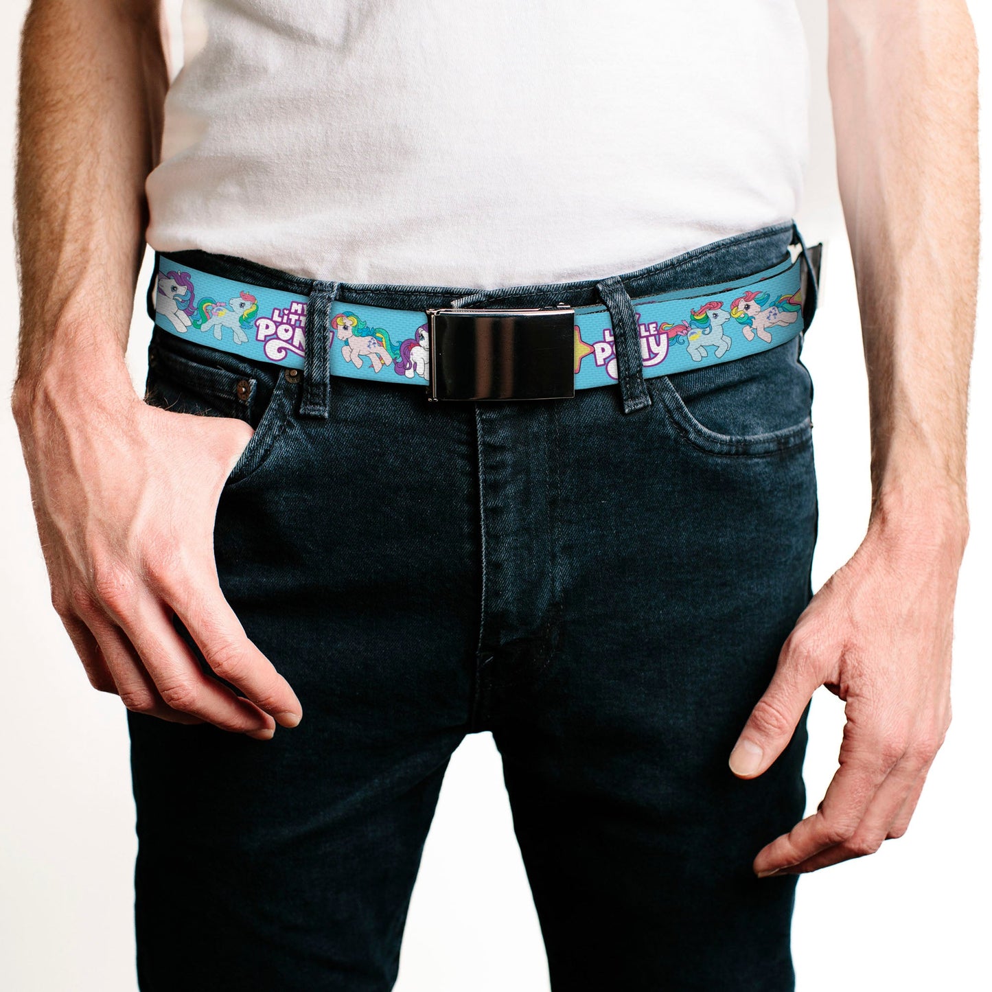 Web Belt Blank Black Buckle - MY LITTLE PONY Three Pony Rainbow Poses and Title Logo Blue/Multi Color Webbing