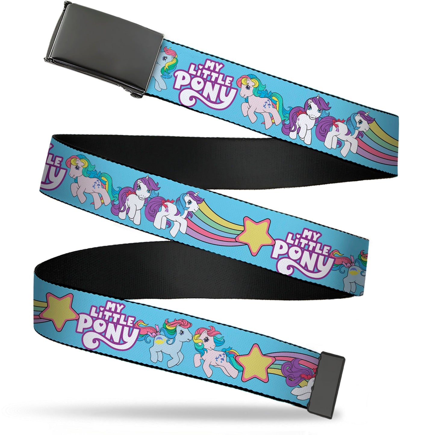 Web Belt Blank Black Buckle - MY LITTLE PONY Three Pony Rainbow Poses and Title Logo Blue/Multi Color Webbing