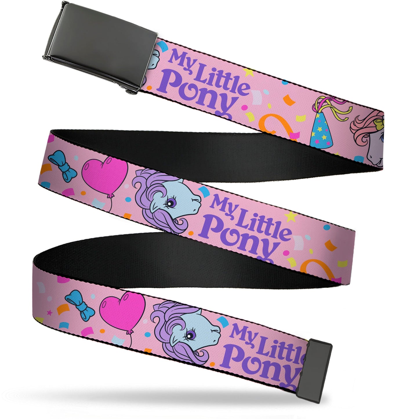 Web Belt Blank Black Buckle - MY LITTLE PONY Three Pony Confetti Party and Title Logo Pink/Multi Color Webbing
