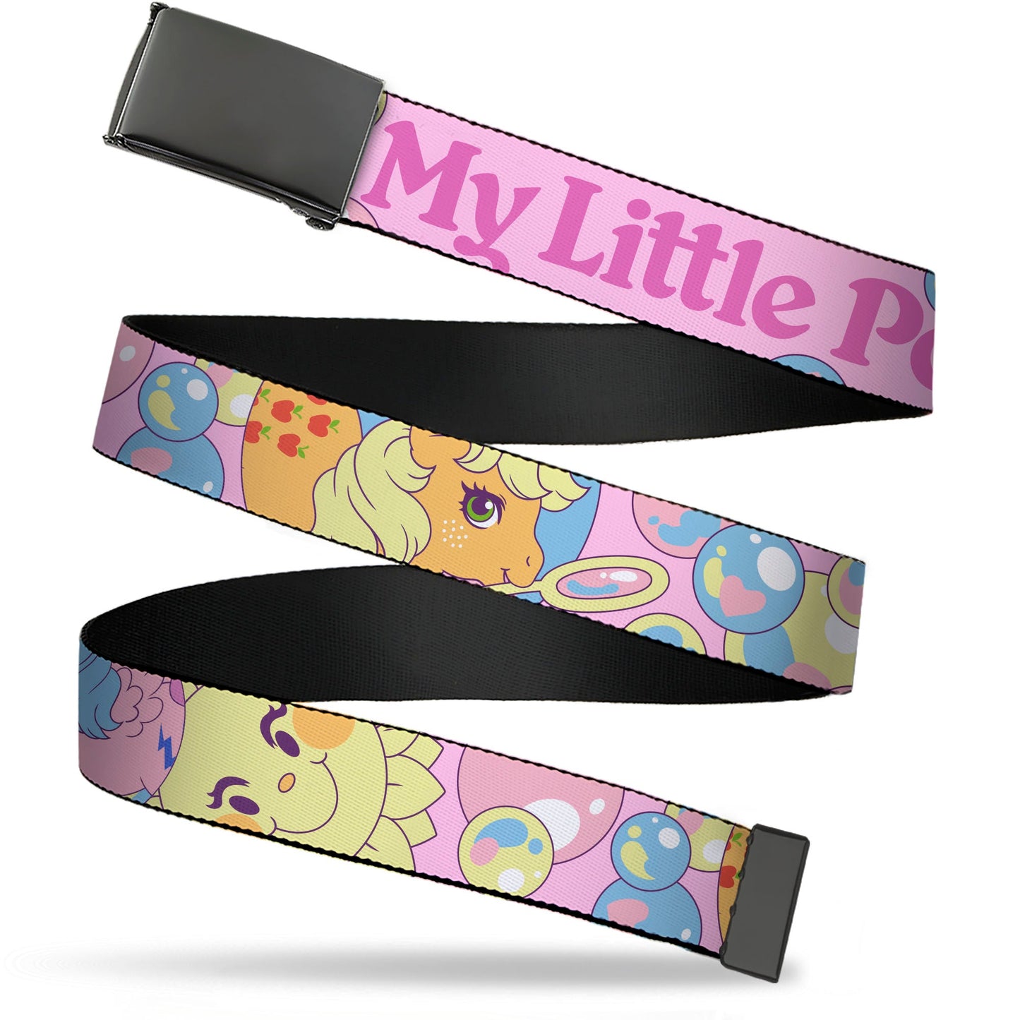 Web Belt Blank Black Buckle - MY LITTLE PONY Two Pony Sunshine Bubbles and Title Logo Pink/Multi Color Webbing