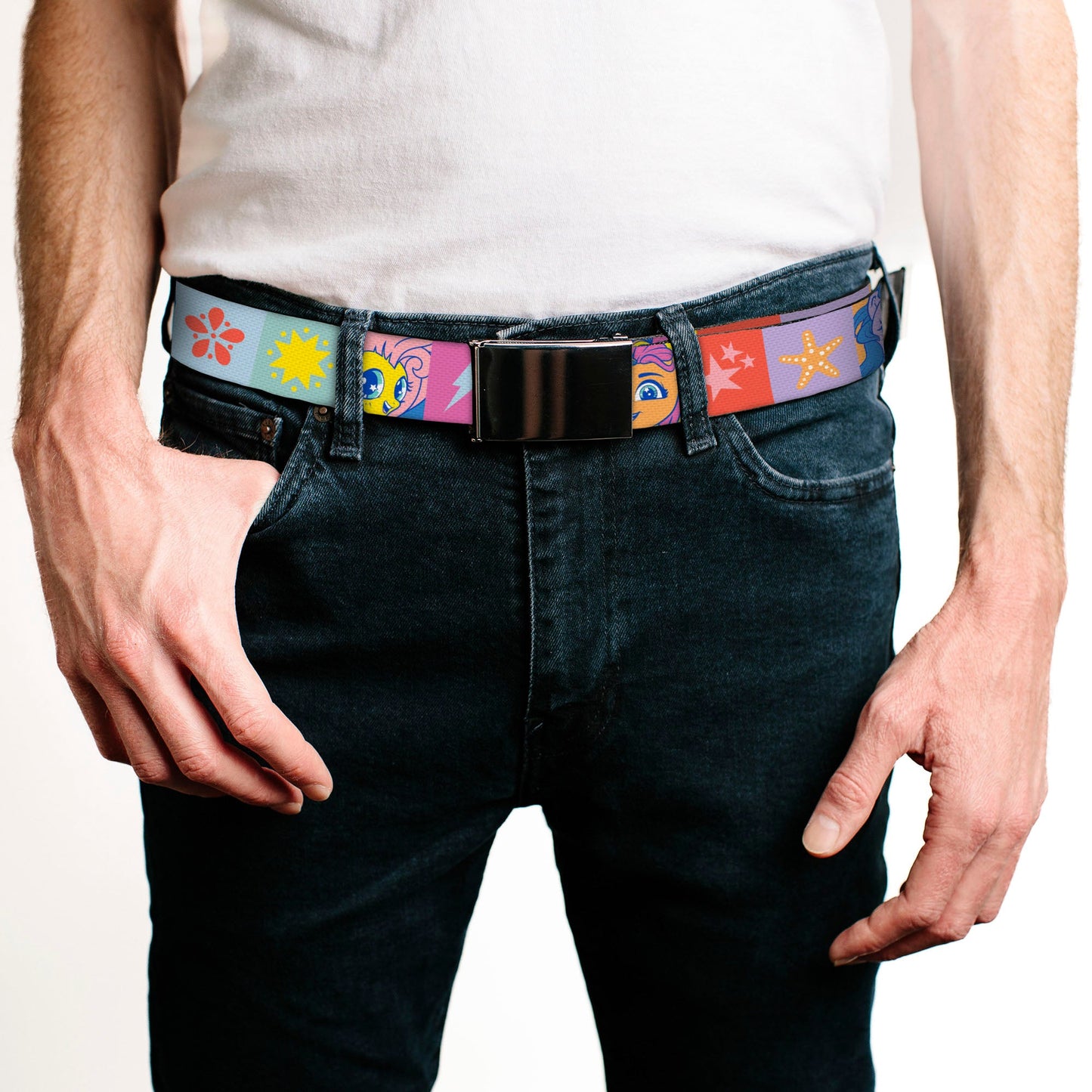 Web Belt Blank Black Buckle - My Little Pony Faces and Cutie Mark Blocks Multi Color Webbing