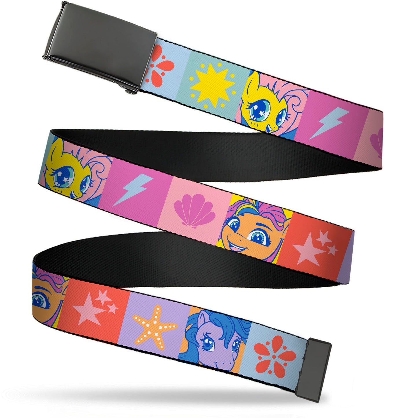 Web Belt Blank Black Buckle - My Little Pony Faces and Cutie Mark Blocks Multi Color Webbing
