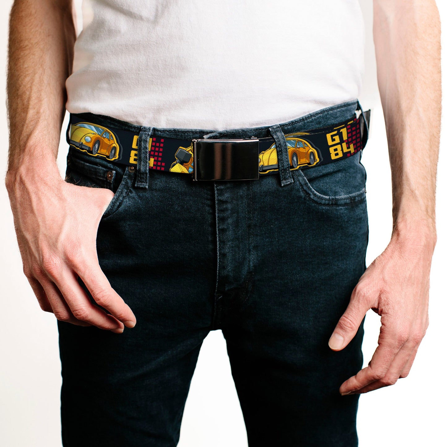 Web Belt Blank Black Buckle - Transformers Generations BUMBLEBEE  G1 84 Poses Autobot Icon Black/Yellows/Red Webbing